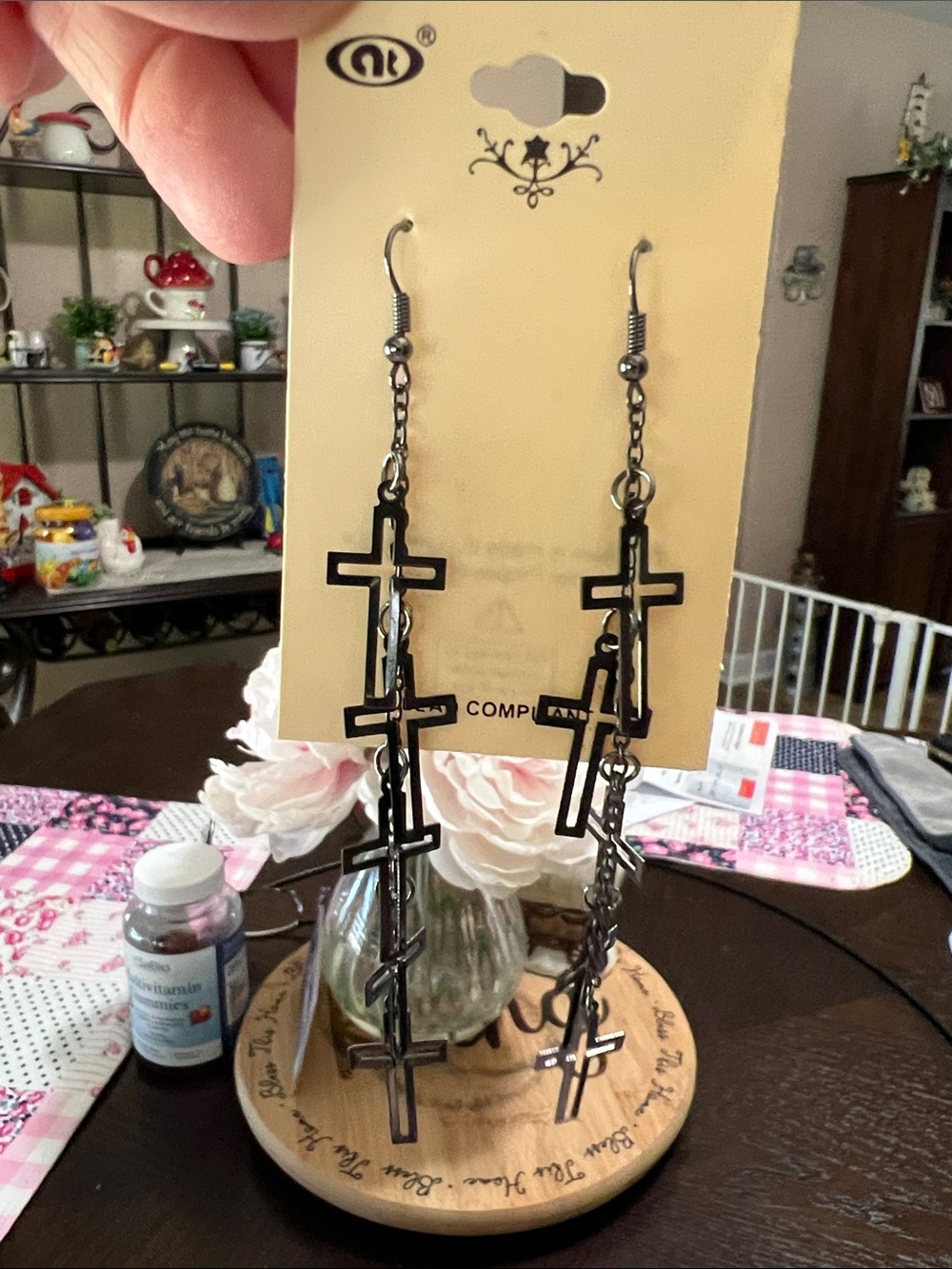 Source Unknown Black Cross Dangle Chain Earrings